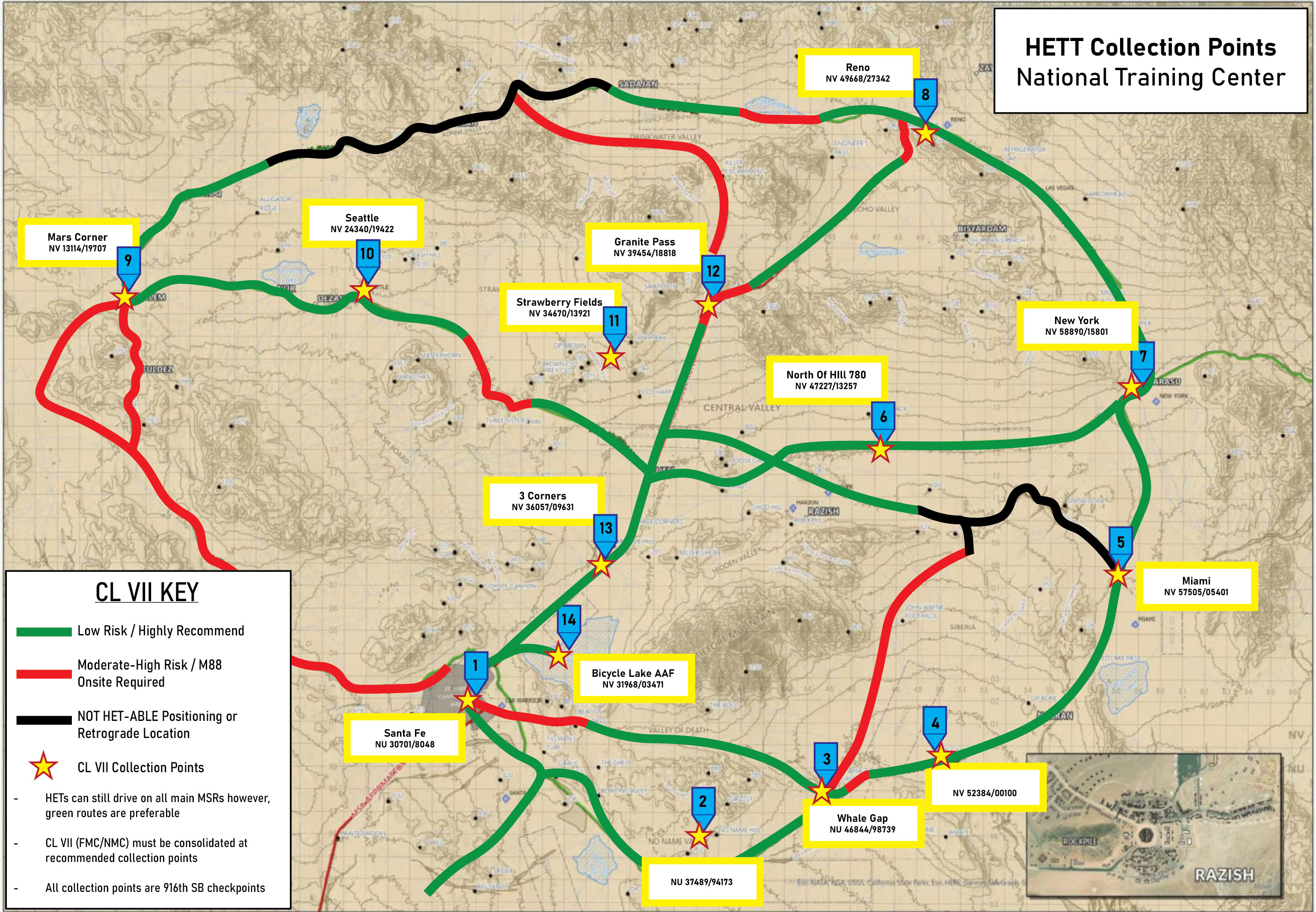 Topographic map showing HETT collection points and recovery routes at National Training Center with green low-risk routes, red moderate-high risk routes, and black routes marked with numbered collection points and location names across the training area